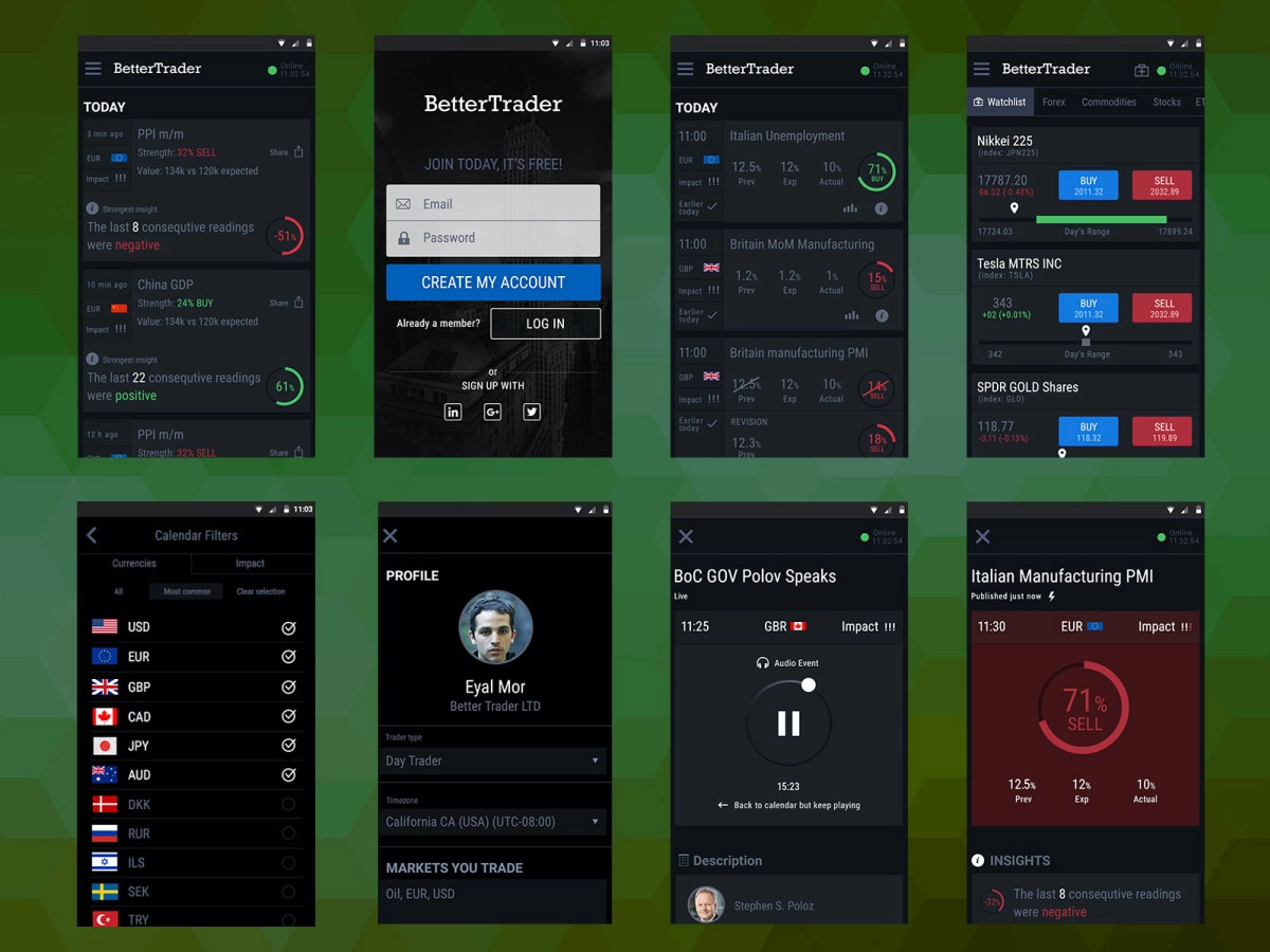BetterTrader Mobile app screens