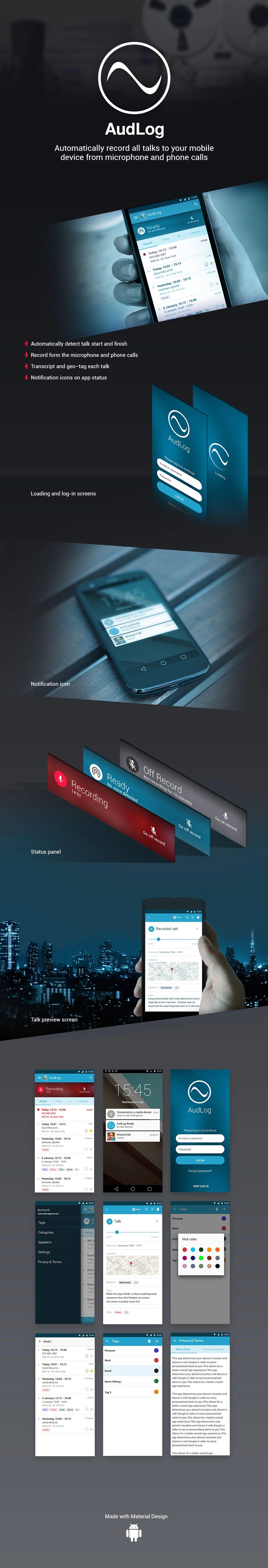 Design process for AudLog, showcasing key stages and workflows