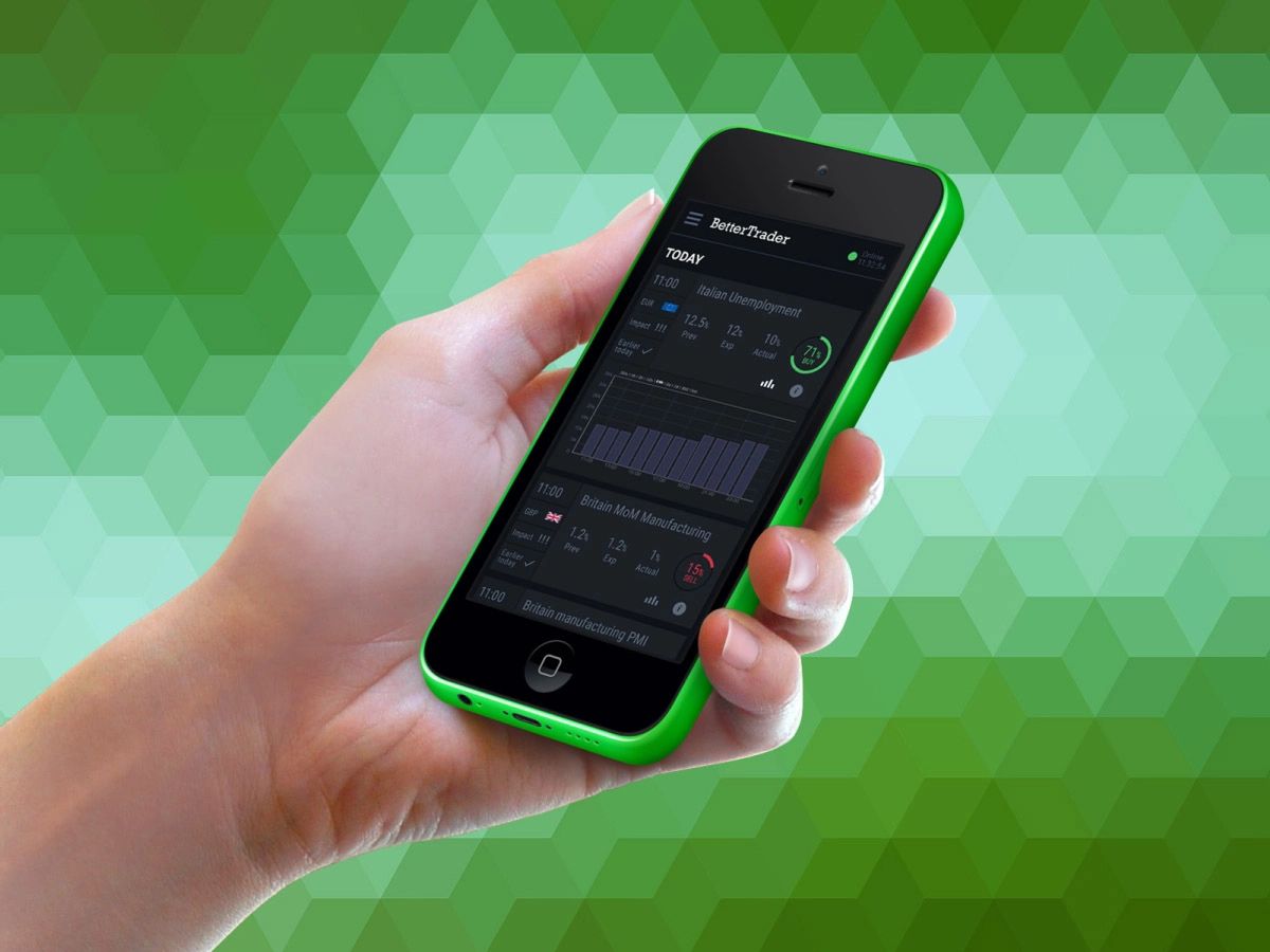 The trading app BetterTrader and a mobile calendar interface.