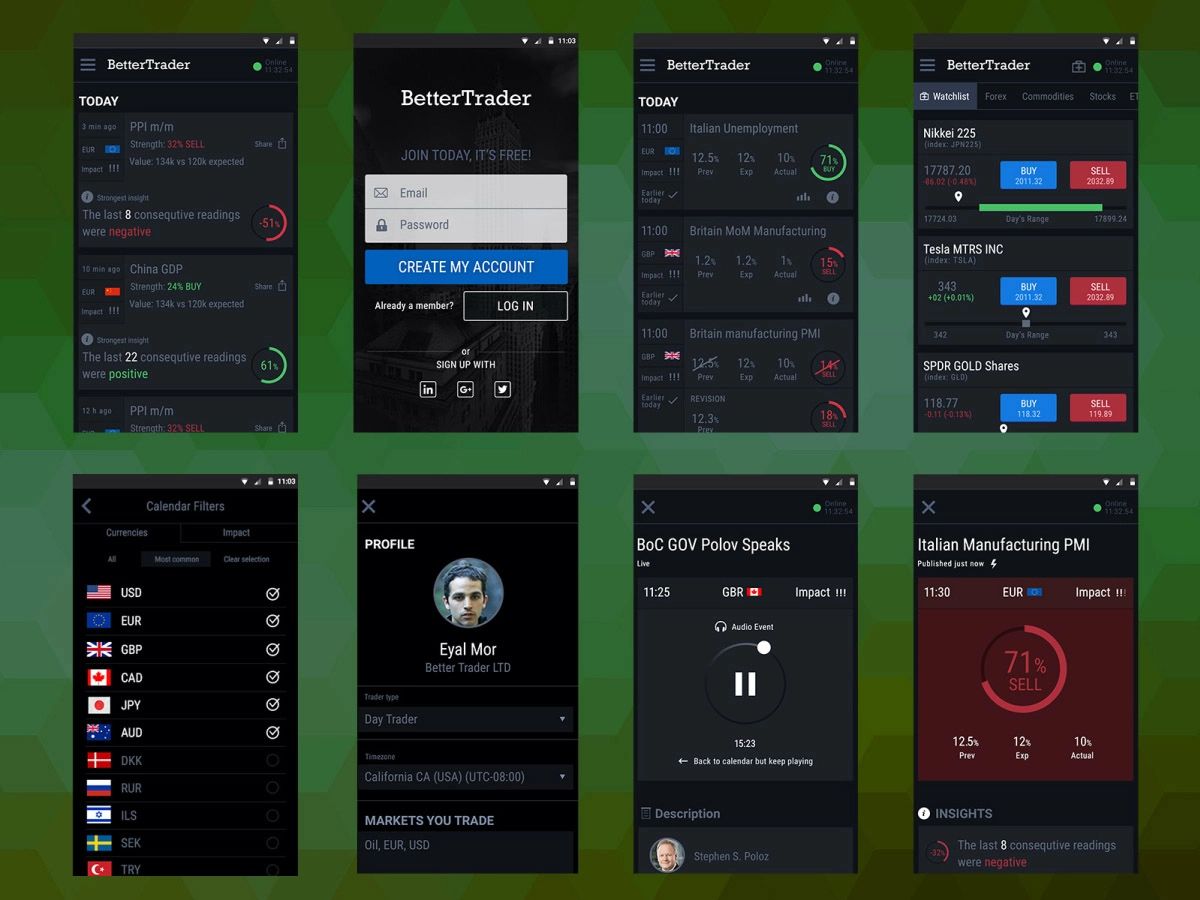 BetterTrader Mobile app screens