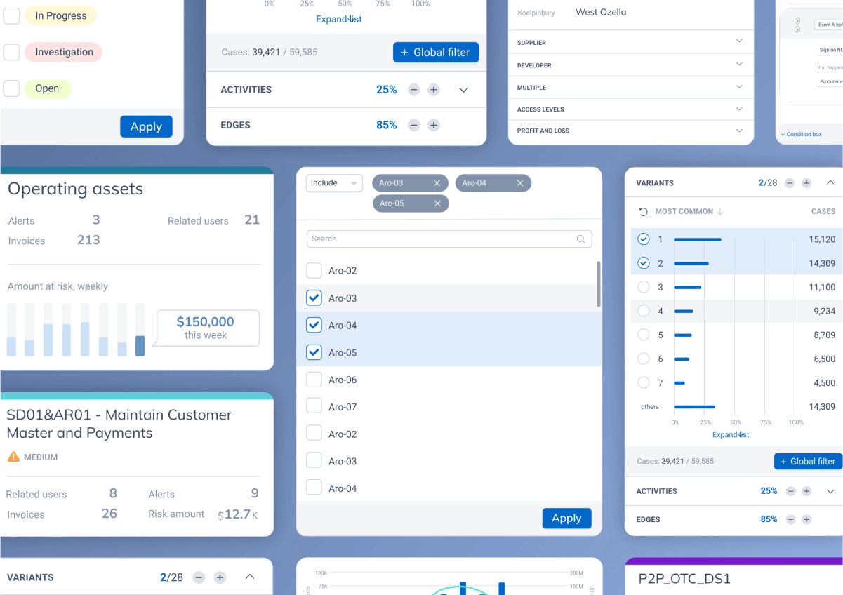 A variety of screens showcasing different styles and UI elements for a Datatricks dashboard.
