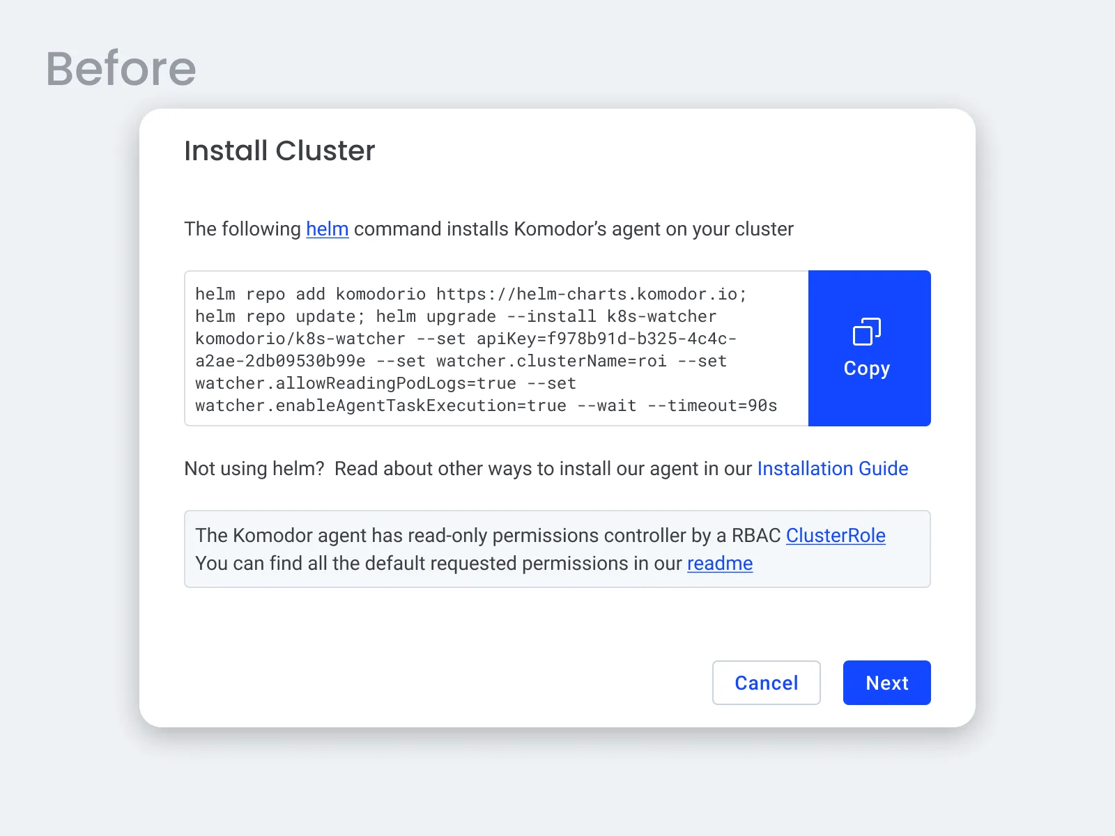 Install Cluster modal before upgrade
